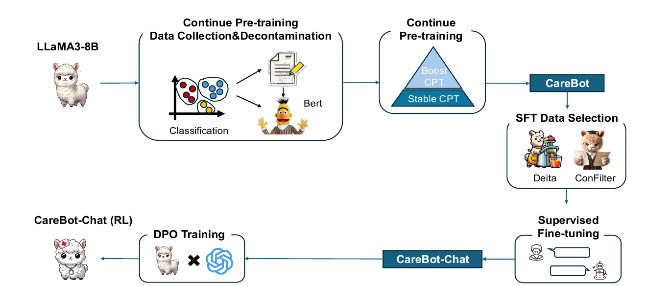 CareBot training pipeline from medical data selection and two-stage continued pre-training through supervised fine-tuning and preference optimization.