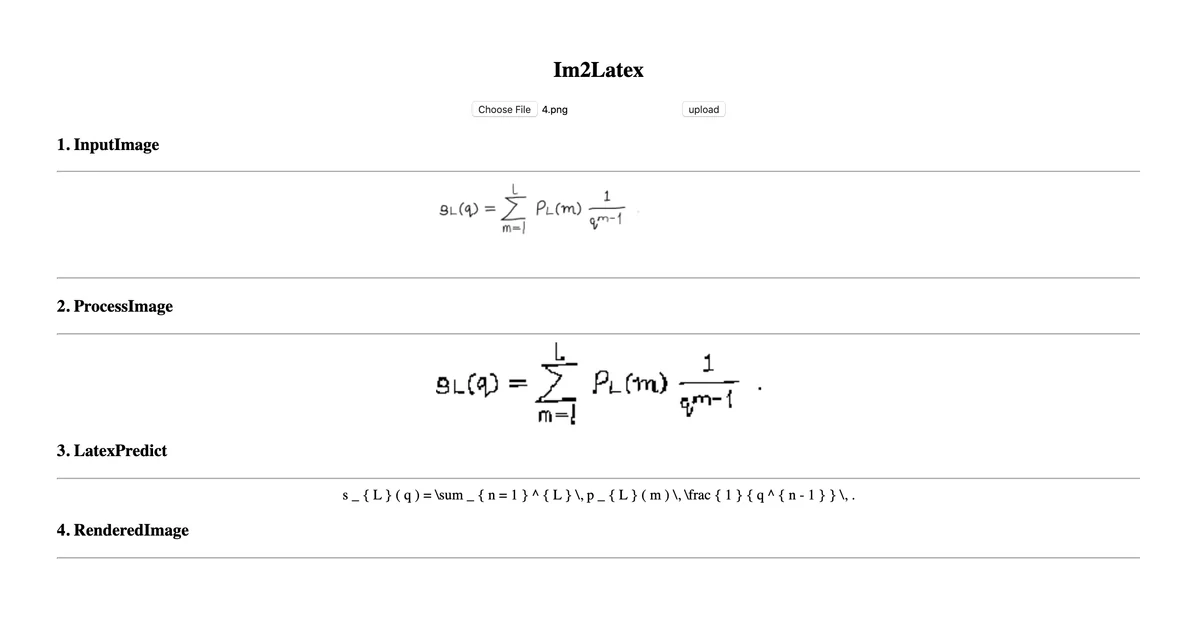 Image2Katex demonstration from a handwritten formula image through preprocessing and LaTeX prediction to rendered output.